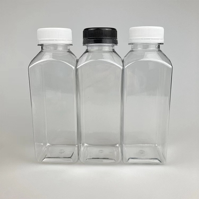 250 ml 350 ml πλαστικό τετραγωνικό κενό σαφές μπουκάλια χυμού μπουκάλια PET ποτών με μαύρα καπάκια