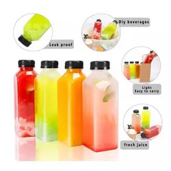 250 ml 350 ml πλαστικό τετραγωνικό κενό σαφές μπουκάλια χυμού μπουκάλια PET ποτών με μαύρα καπάκια