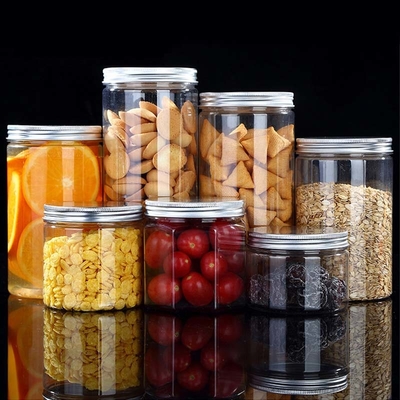 Προσαρμοσμένο 16oz 32oz 500ml 1000ml Διαφανές πλαστικό βάζο PET με πλατύ στόμα με αλουμινένιο κάλυμμα Διαφανές αποθήκευση τροφίμων πλαστικές συσκευασίες