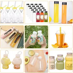 250 ml 350 ml πλαστικό τετραγωνικό κενό σαφές μπουκάλια χυμού μπουκάλια PET ποτών με μαύρα καπάκια